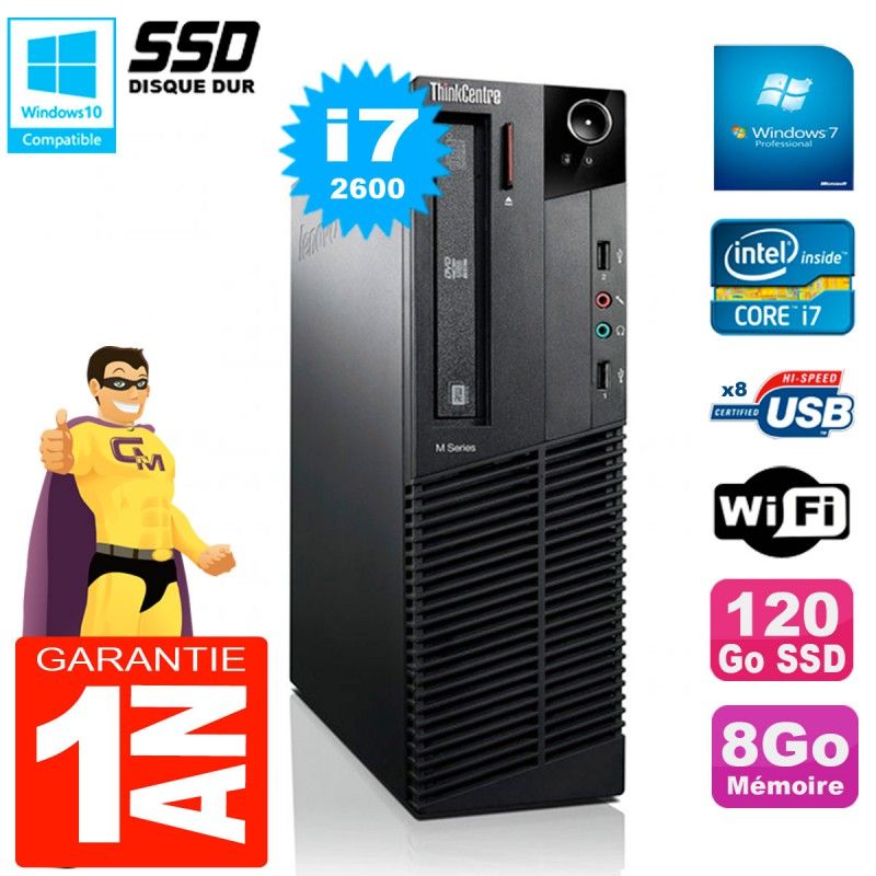 ThinkCentre Lenovo M92p SFF Core i7-2600 8Go 120Go SSD Graveur DVD Wi-Fi Windows 7