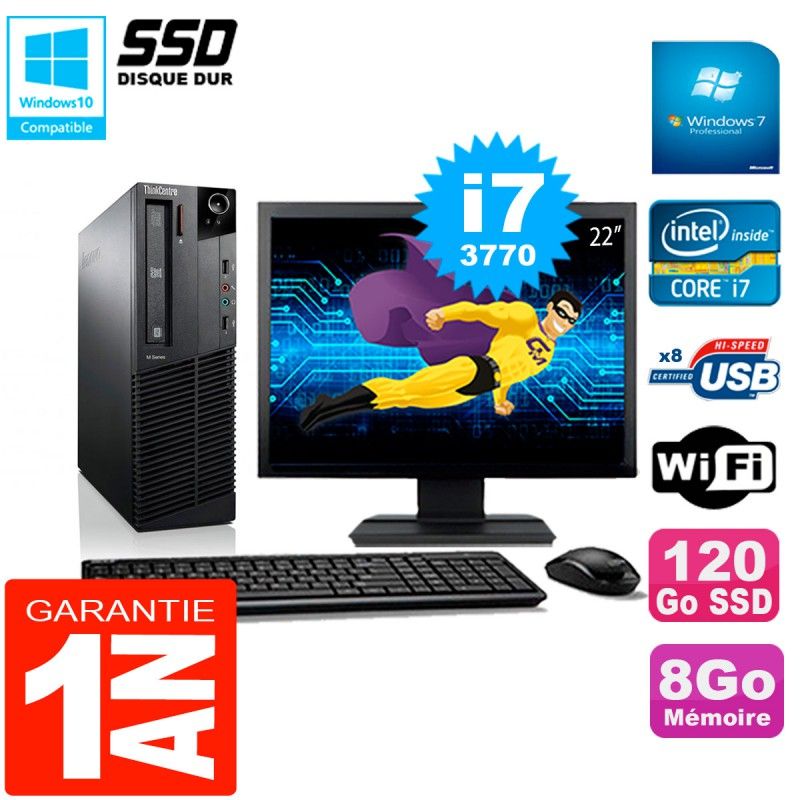 Lenovo M92p SFF Desktop Computer, 22" Screen, Core i7-3770, 8GB RAM, 120GB SSD, WiFi, Windows 7 Pro