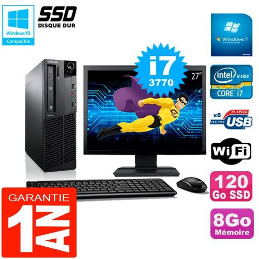 Lenovo M92p SFF Desktop Computer, 27" Screen, Core i7-3770, 8GB RAM, 120GB SSD, WiFi, Windows 7 Pro