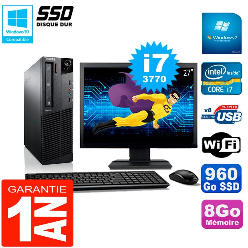 Lenovo M92p SFF Desktop Computer - 27" Screen, Intel Core i7-3770, 8GB RAM, 960GB SSD, WiFi, Windows 7 Pro