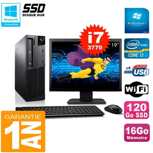 Lenovo M92p SFF Desktop Computer - 19" Screen, Intel Core i7-3770, 16GB RAM, 120GB SSD, WiFi, Windows 7 Pro