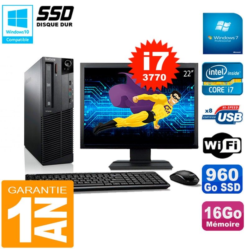 Lenovo M92p SFF Desktop Computer, 22" Screen, Core i7-3770, 16GB RAM, 960GB SSD, WiFi, Windows 7 Pro