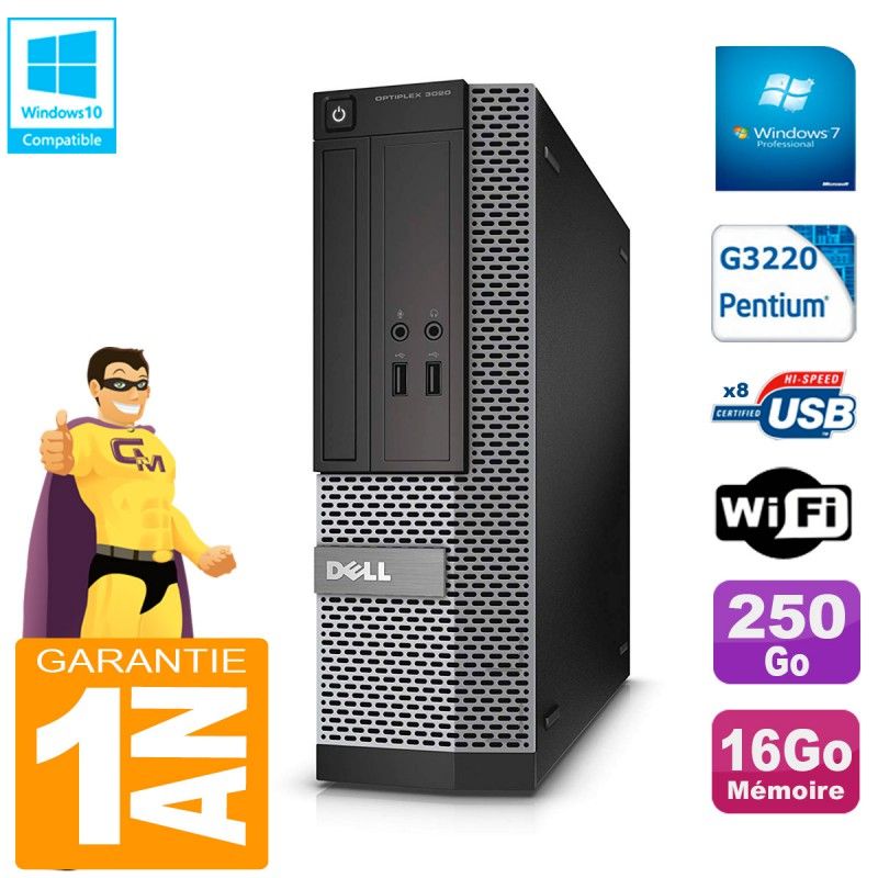 Dell 3020 SFF PC - Intel Pentium G3220, 16GB RAM, 250GB HDD, DVD Burner, WiFi, Windows 7 Pro