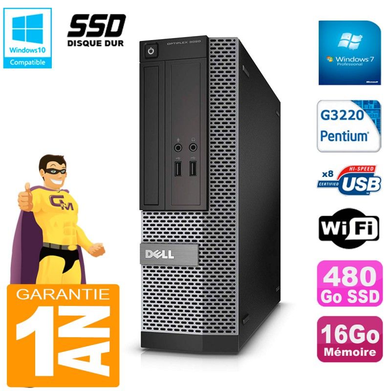 Ordinateur de bureau Dell 3020 SFF - Processeur Intel Pentium G3220, 16 Go de RAM, 480 Go SSD, Lecteur DVD, WiFi, Windows 7 Pro