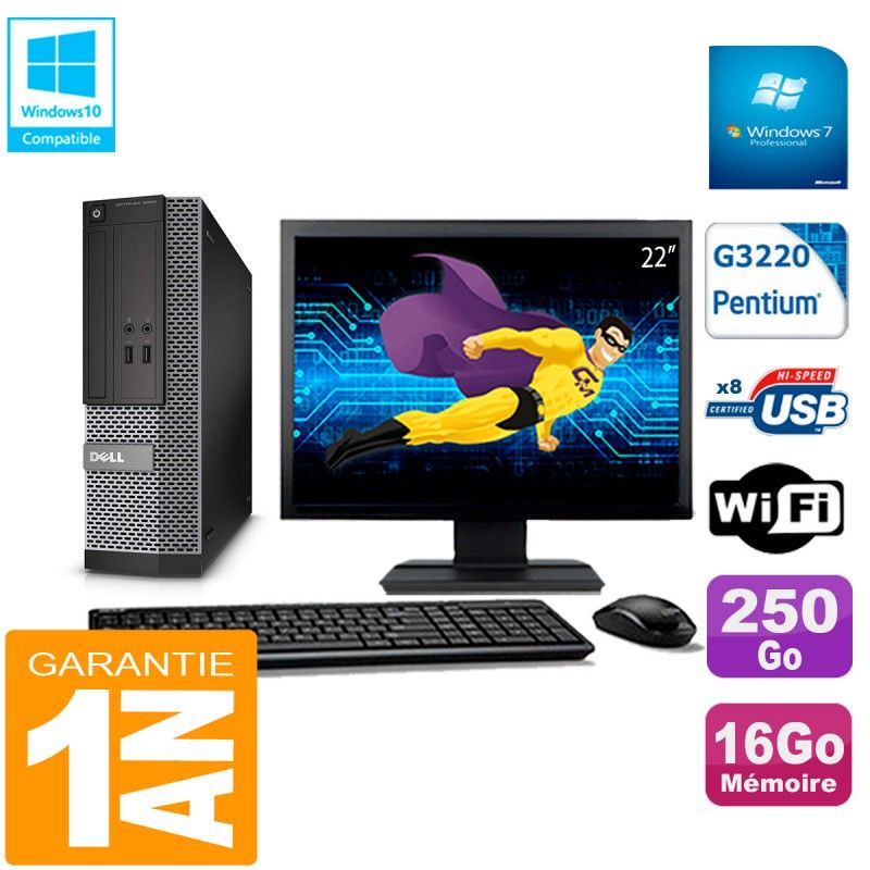 Dell 3020 SFF Desktop PC - 22" Screen, Intel Pentium G3220, 16GB RAM, 250GB SSD, WiFi, Windows 7 Pro