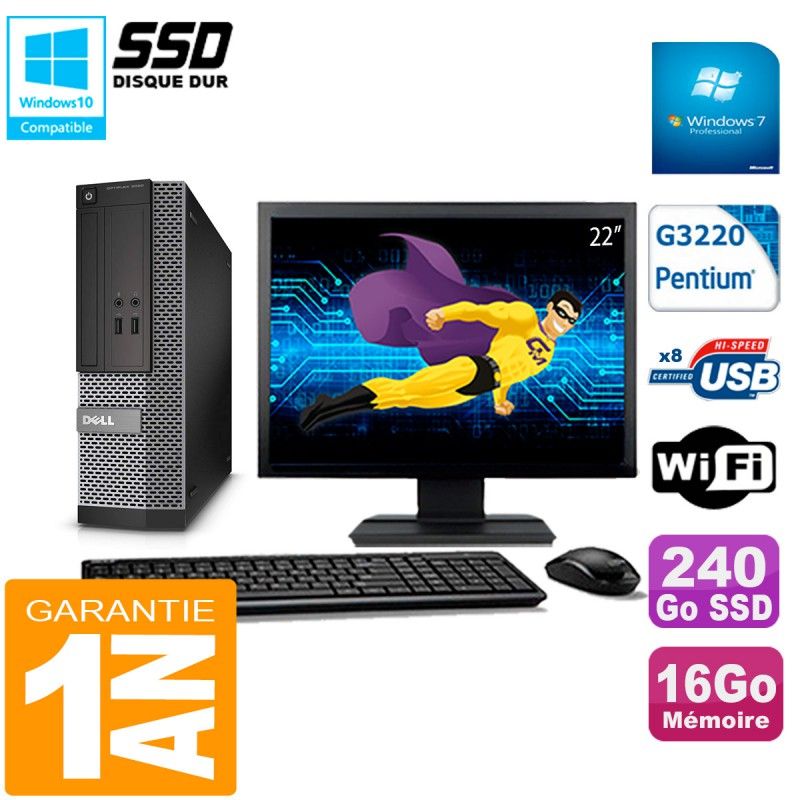 Dell 3020 SFF Computer - 22" Screen, Intel Pentium G3220, 16GB RAM, 240GB SSD, WiFi, Windows 7 Pro