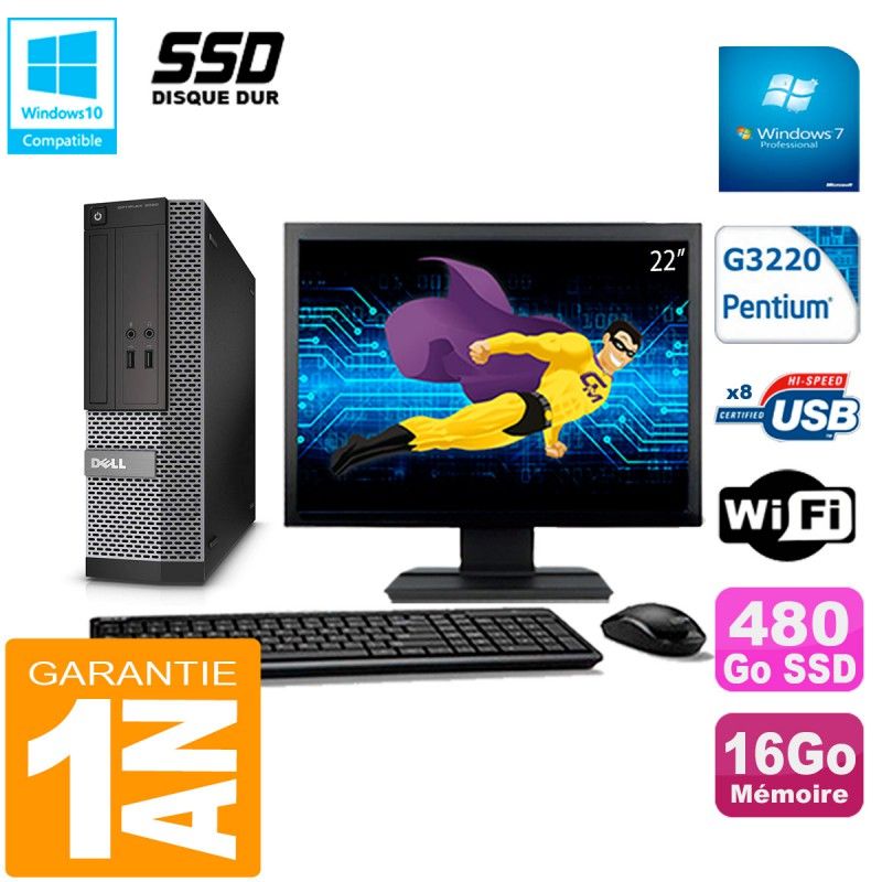 Dell 3020 SFF Desktop PC - 22" Screen, Intel Pentium G3220, 16GB RAM, 480GB SSD, WiFi, Windows 7 Pro
