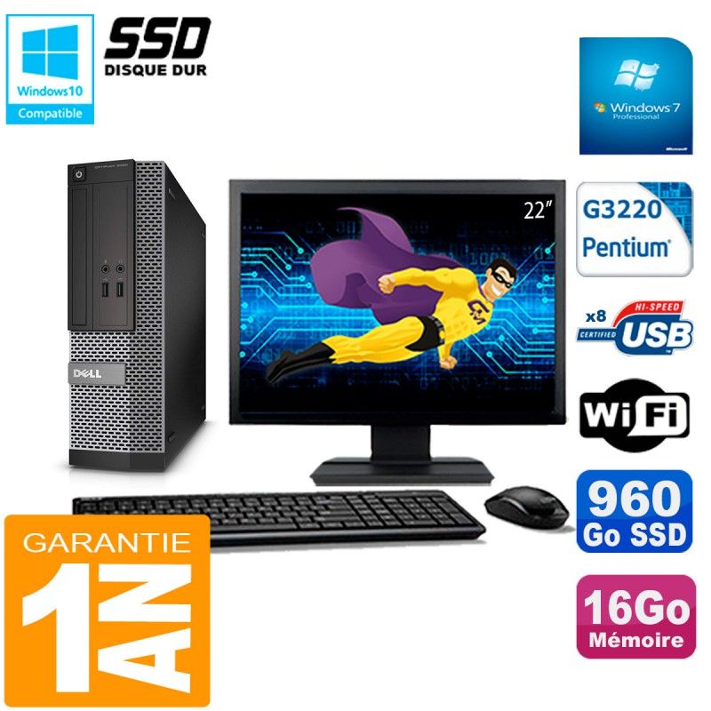 Dell 3020 SFF Desktop PC - 22" Screen, Intel Pentium G3220, 16GB RAM, 960GB SSD, WiFi, Windows 7 Pro