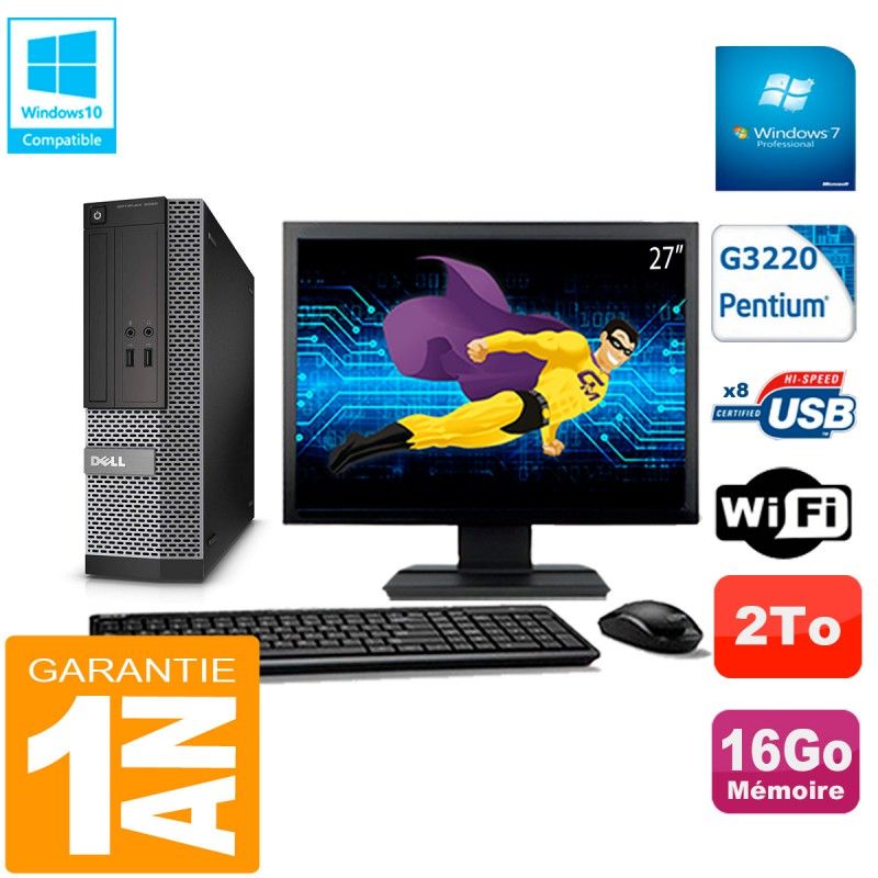 Dell 3020 SFF Desktop Computer - 27" Screen, Intel Pentium G3220, 16GB RAM, 2TB HDD, WiFi, Windows 7 Pro