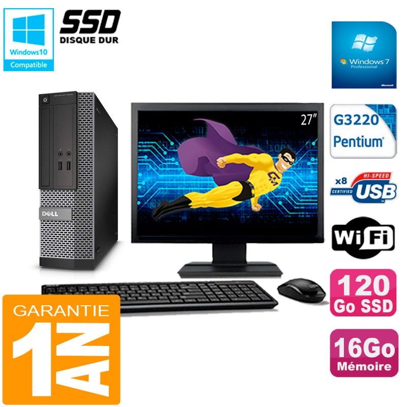 Dell 3020 SFF Computer - 27" Screen, Intel Pentium G3220, 16GB RAM, 120GB SSD, WiFi, Windows 7 Pro