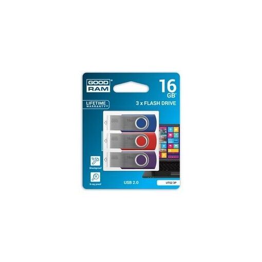 Wilk Elektronik GOODRAM UTS2-3P - 16GB USB 2.0 Flash Drive - Blue, Red, Purple (Pack of 3)