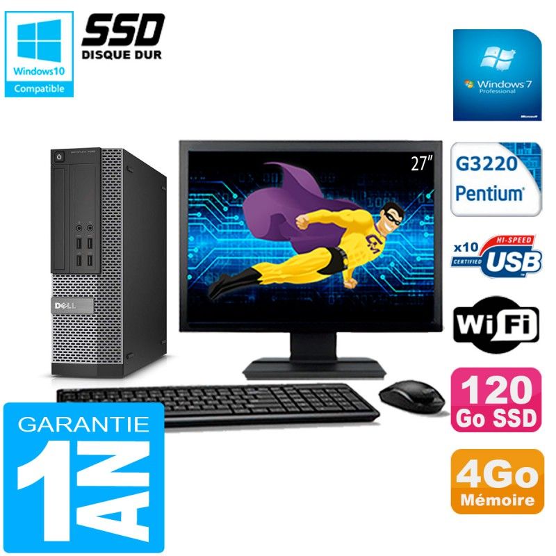 Dell Optiplex 7020 SFF Computer - 27" Screen, Intel Pentium G3220, 4GB RAM, 120GB SSD, WiFi, Windows 7 Pro