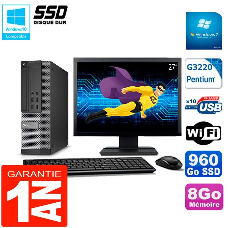 Dell Optiplex 7020 SFF Desktop Computer, 27" Screen, Intel Pentium G3220, 8GB RAM, 960GB SSD, WiFi, Windows 7 Pro