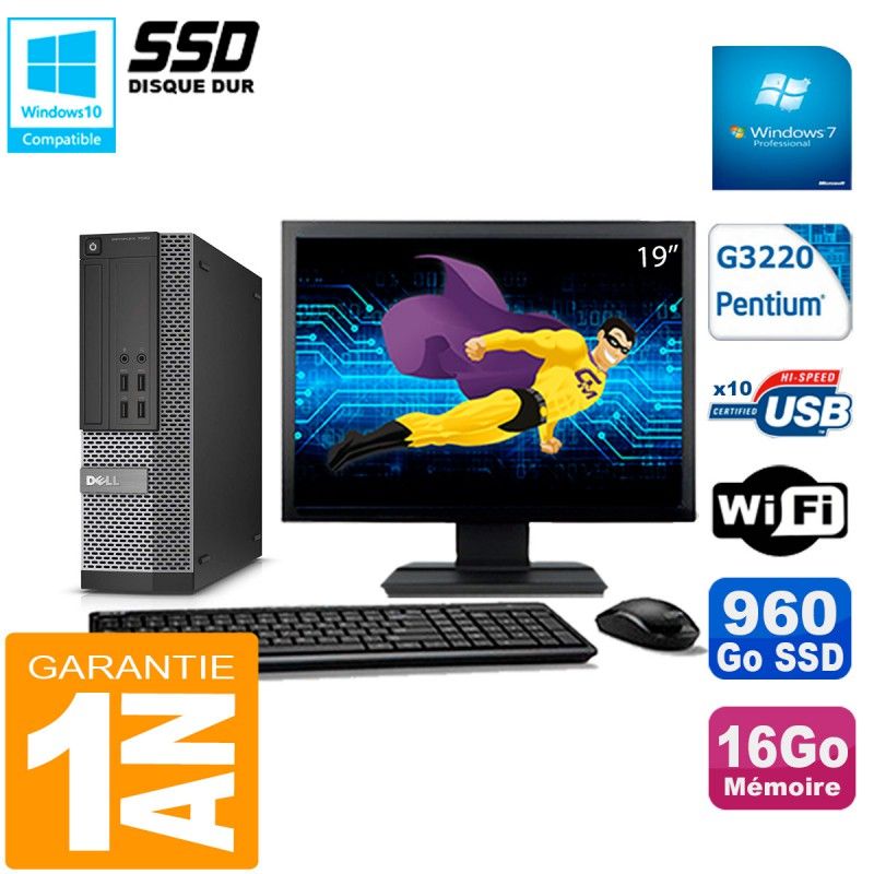 Dell Optiplex 7020 SFF Desktop PC - 19" Screen, Intel Pentium G3220, 16GB RAM, 960GB SSD, WiFi, Windows 7 Pro