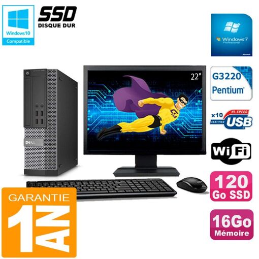 PC de escritorio Dell Optiplex 7020 SFF - Pantalla de 22', Procesador Intel Pentium G3220, 16 GB de RAM, 120 GB SSD, WiFi, Windows 7 Profesional