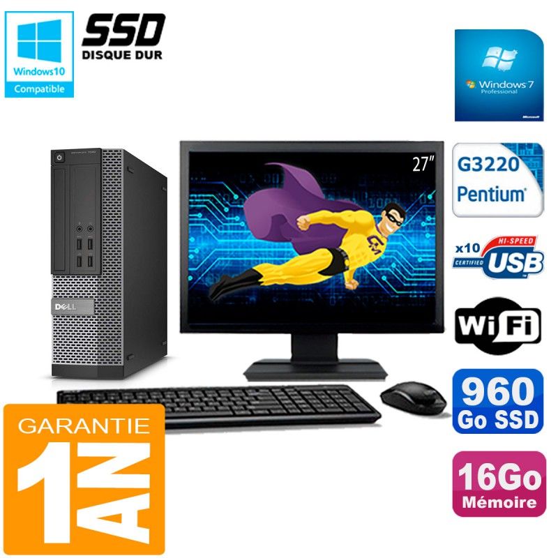 Dell Optiplex 7020 SFF Desktop PC - 27" Screen, Intel Pentium G3220, 16GB RAM, 960GB SSD, WiFi, Windows 7 Pro