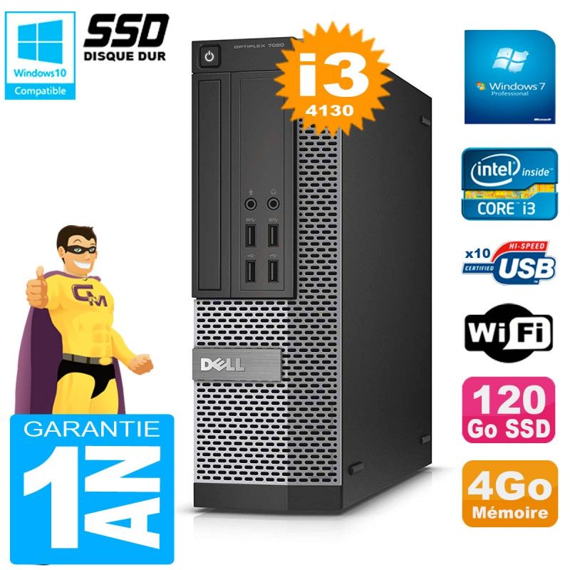 Dell Optiplex 7020 SFF Desktop PC - Core i3-4130, 4GB RAM, 120GB SSD, DVD Burner, WiFi, Windows 7 Pro