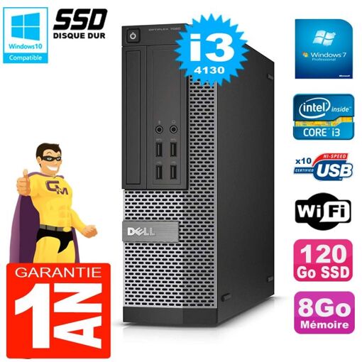 Ordinateur de bureau Dell Optiplex 7020 SFF - Processeur Intel Core i3-4130, 8 Go de RAM, SSD 120 Go, Lecteur optique DVD, WiFi, Windows 7 Pro