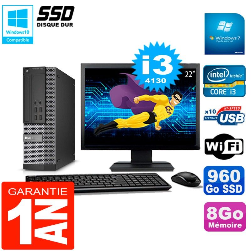 Ordinateur de bureau Dell Optiplex 7020 SFF - Écran 22'', Processeur Intel Core i3-4130, 8 Go de RAM, 960 Go SSD, WiFi, Windows 7 Professionnel