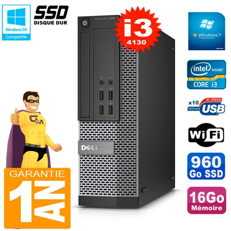 Dell Optiplex 7020 SFF Desktop PC - Core i3-4130, 16GB RAM, 960GB SSD, DVD Drive, WiFi, Windows 7 Pro
