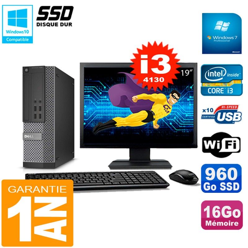 Dell Optiplex 7020 SFF Desktop Computer, 19" Screen, Intel Core i3-4130, 16GB RAM, 960GB SSD, WiFi, Windows 7 Pro