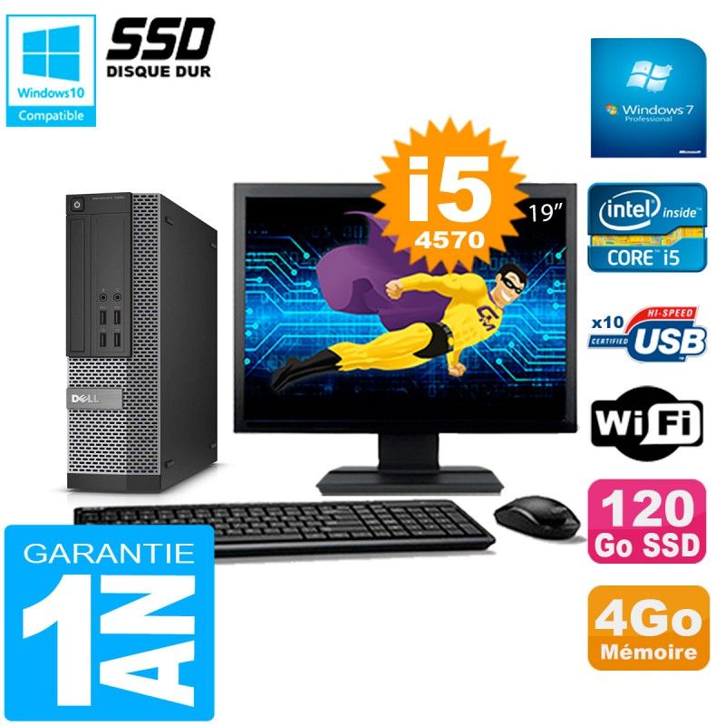 PC de escritorio Dell 7020 SFF | Pantalla de 19 pulgadas | Intel Core i5-4570 | 4 GB de RAM | 120 GB SSD | WiFi | Windows 7 Pro