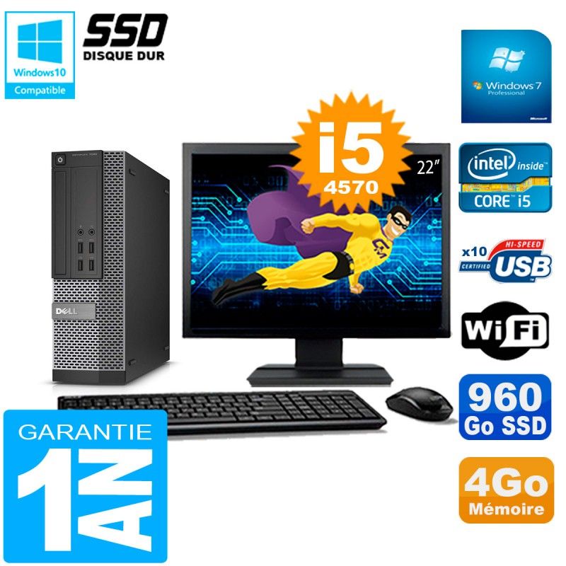 PC de escritorio Dell 7020 SFF - Pantalla de 22', Intel Core i5-4570, 4 GB de RAM, 960 GB SSD, WiFi, Windows 7 Pro