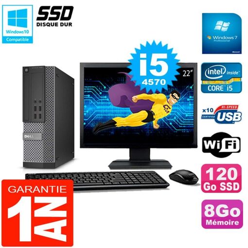 Ordinateur de bureau Dell Optiplex 7020 SFF - Écran 22'', Processeur Intel Core i5-4570, 8 Go de RAM, SSD 120 Go, WiFi, Windows 7 Pro