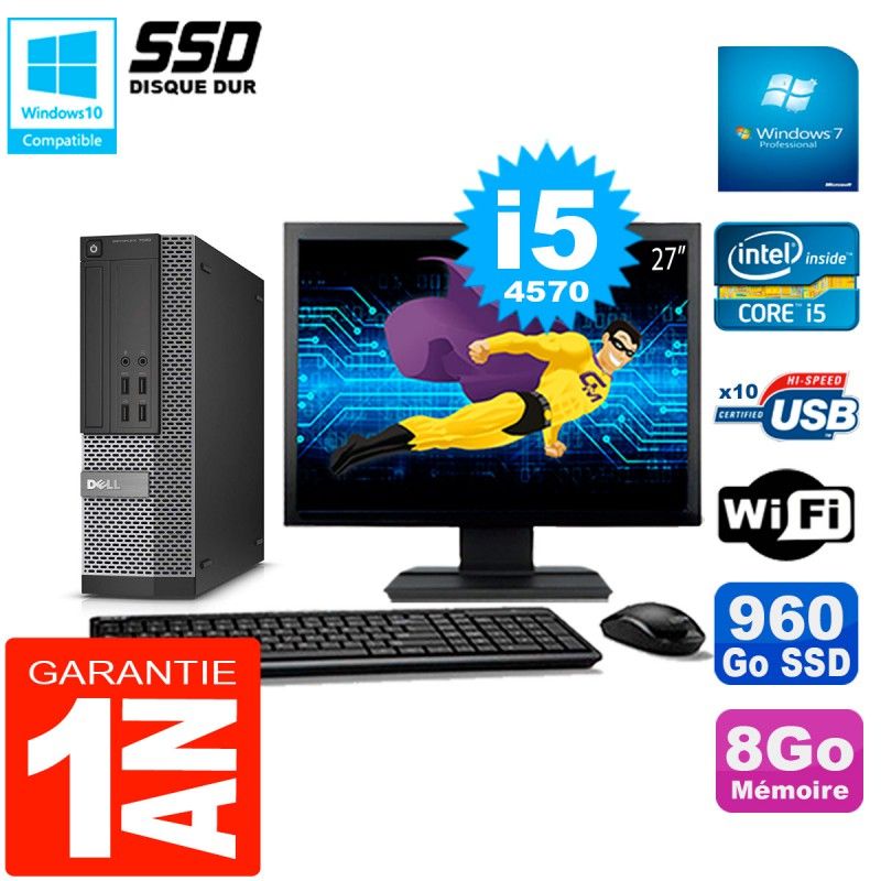 Dell Optiplex 7020 SFF Desktop Computer, 27" Screen, Core i5-4570, 8GB RAM, 960GB SSD, WiFi, Windows 7 Pro
