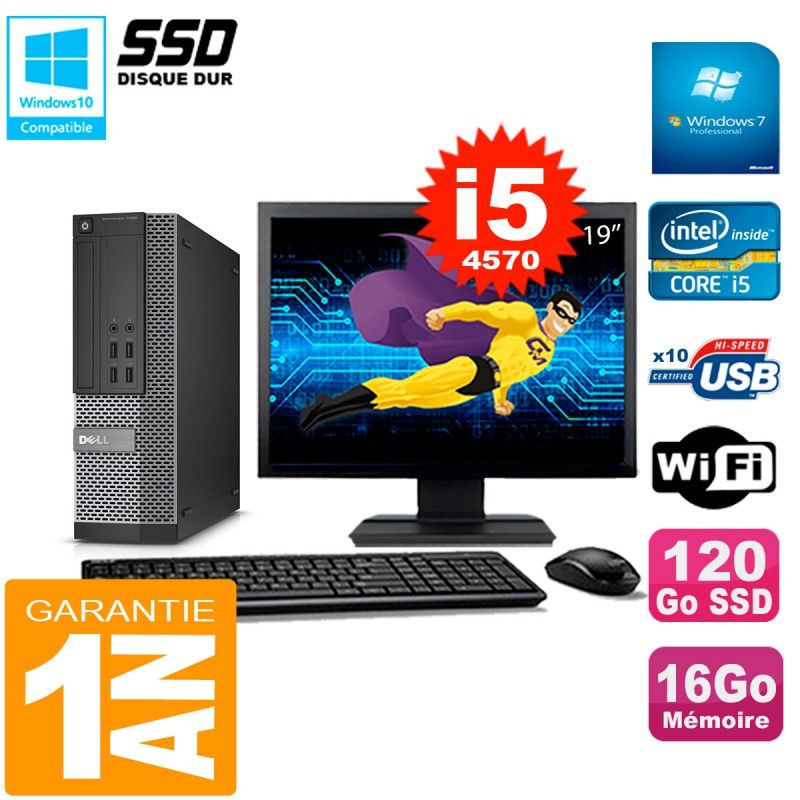 PC de escritorio Dell Optiplex 7020 SFF - Pantalla de 19 pulgadas, Intel Core i5-4570, 16 GB de RAM, 120 GB SSD, WiFi, Windows 7 Pro