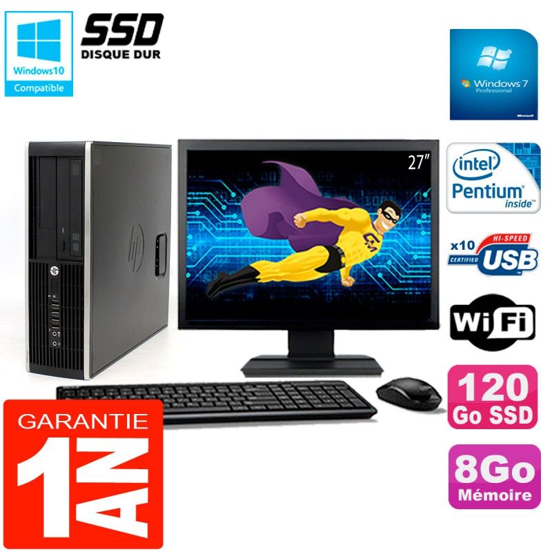 HP Compaq 8300 SFF Desktop Computer - 27" Display, Intel Pentium G850, 8GB RAM, 120GB SSD, WiFi, Windows 7 Pro