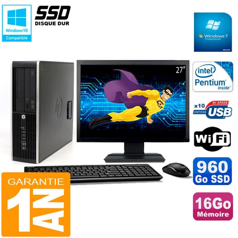 Ordinateur de bureau HP Compaq 8300 SFF | Écran 27'' | Intel G850 | 16 Go RAM | 960 Go SSD | Wi-Fi
