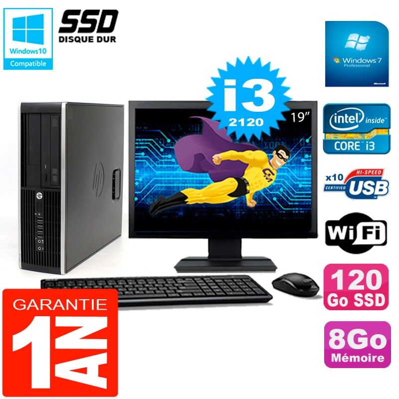 HP Compaq 8300 SFF Desktop Computer - 19" Screen, Core i3-2120, 8GB RAM, 120GB SSD, WiFi, Windows 7 Pro