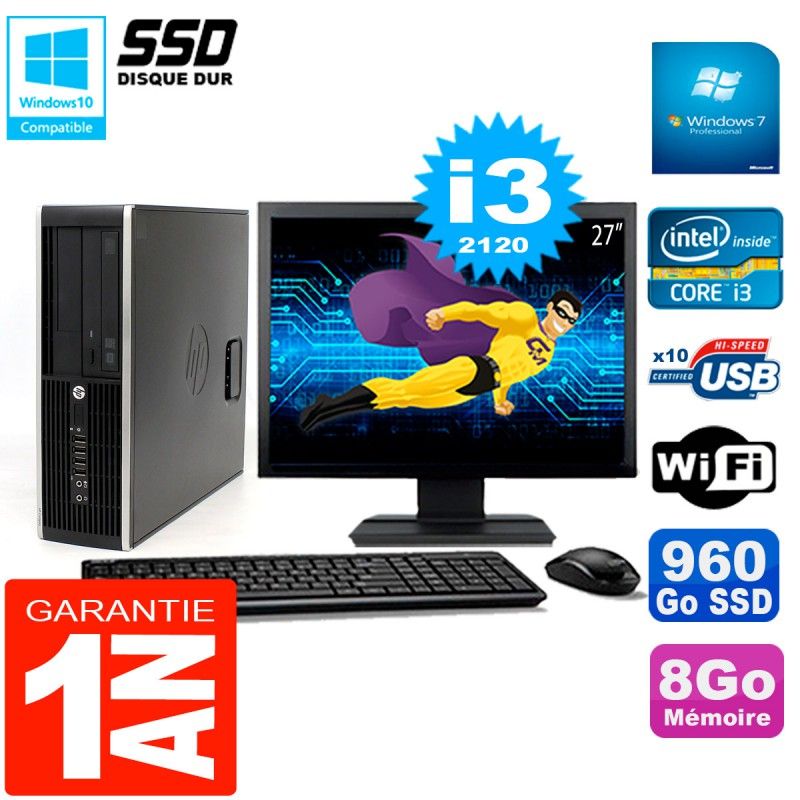Ordinateur de bureau HP Compaq 8300 SFF - Écran 27'', Processeur Intel Core i3-2120, 8 Go de RAM, 960 Go SSD, Wi-Fi, Windows 7 Professionnel