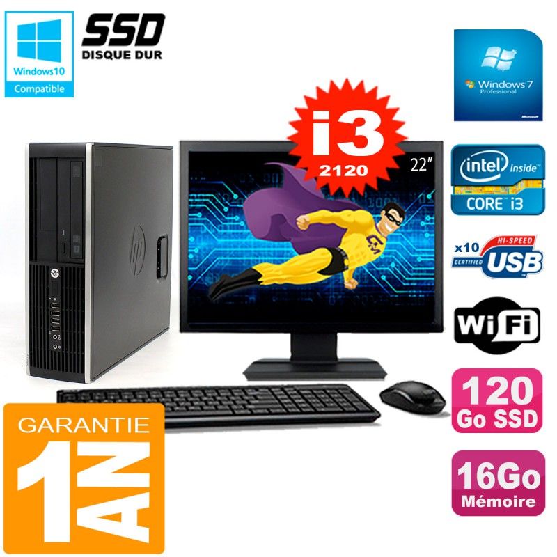 HP Compaq Elite 8300 SFF Desktop Computer - 22" Screen, Core i3-2120, 16GB RAM, 120GB SSD, WiFi, Windows 7 Pro