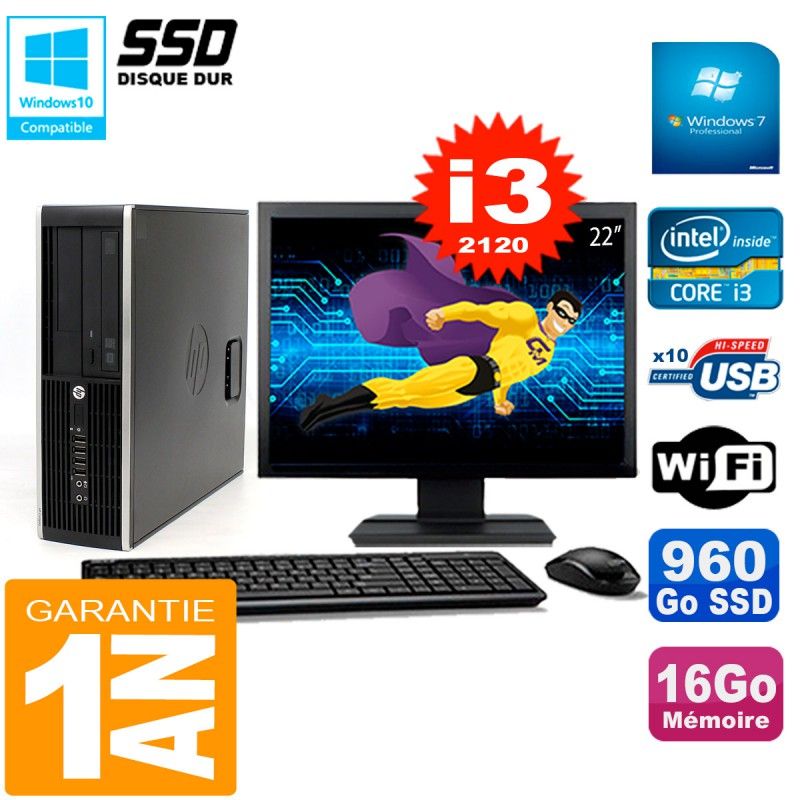HP Compaq Elite 8300 SFF Desktop - 22" Screen, Core i3-2120, 16GB RAM, 960GB SSD, WiFi