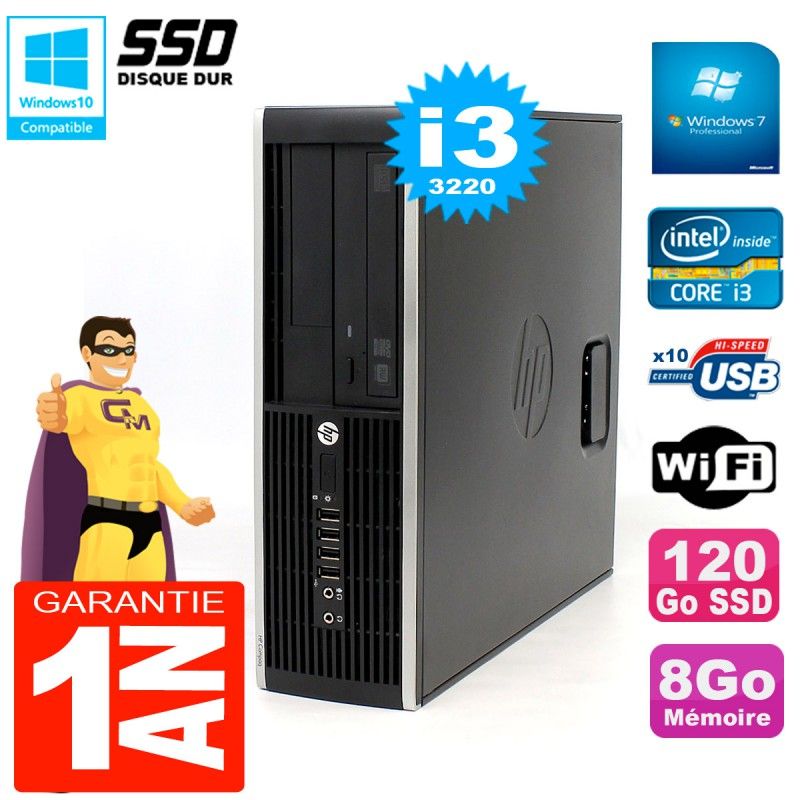 Ordinateur de bureau HP Compaq 8300 SFF - Processeur Intel Core i3-3220, 8 Go de RAM, 120 Go SSD, Lecteur DVD, Wi-Fi, Windows 7 Pro