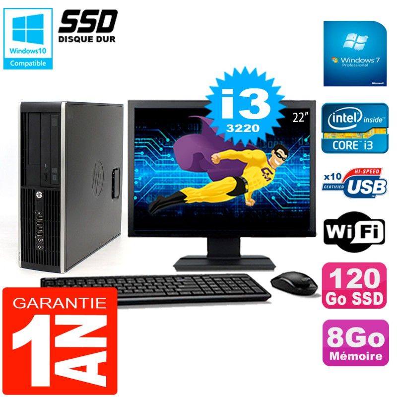 HP Compaq 8300 SFF Desktop PC - 22" Screen, Core i3-3220, 8GB RAM, 120GB SSD, WiFi, Windows 7 Pro