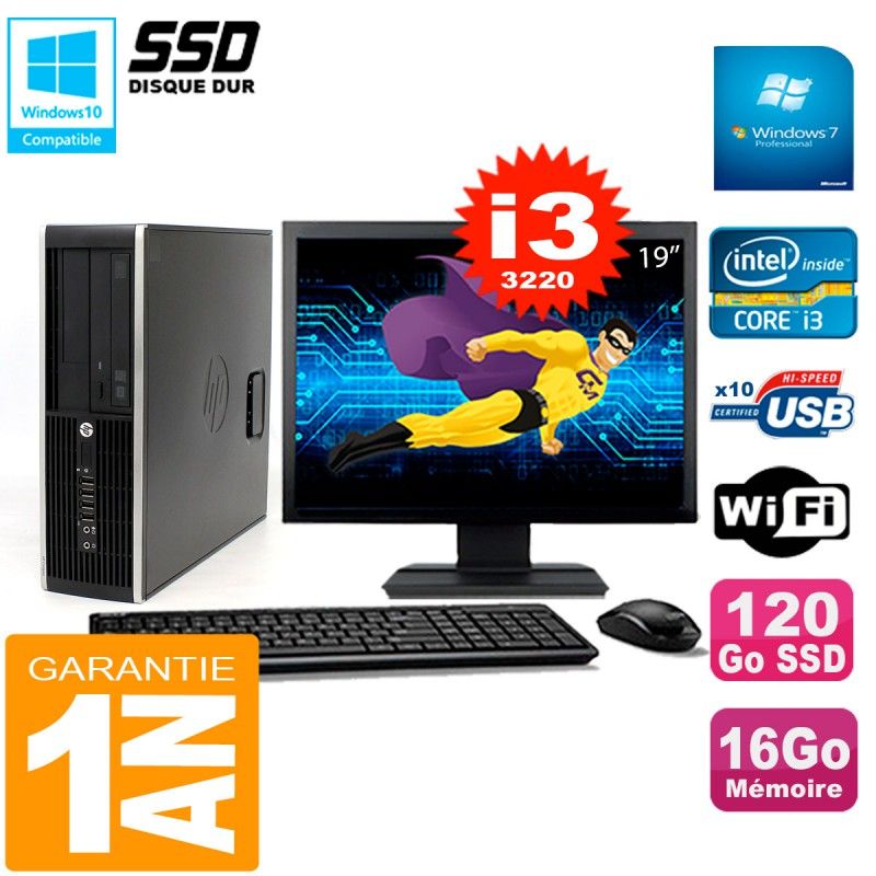 HP Compaq Elite 8300 SFF Desktop Computer - 19" Screen, Core i3-3220, 16GB RAM, 120GB SSD, WiFi, Windows 7 Pro