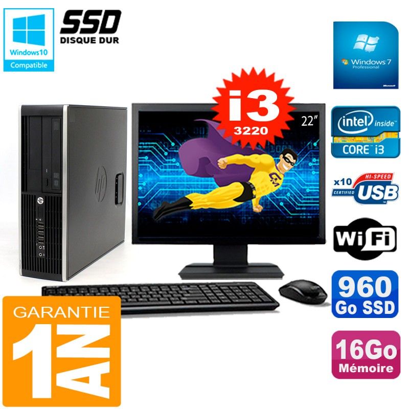 Ordinateur de bureau HP Compaq Elite 8300 SFF - Écran 22'', Processeur Intel Core i3-3220, 16 Go de RAM, SSD 960 Go, Wifi, Windows 7 Pro