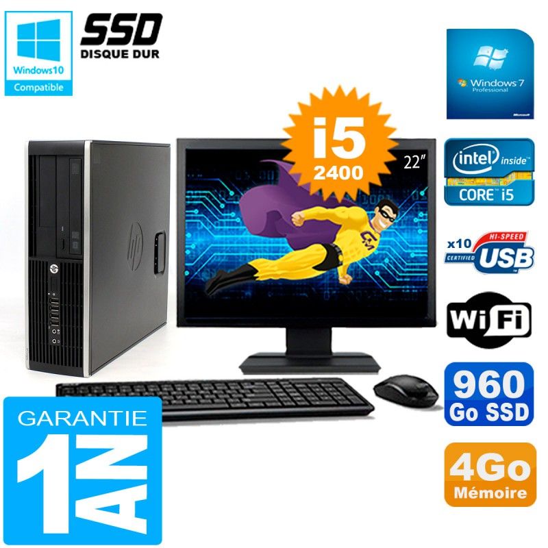 Ordinateur de bureau HP Compaq 8300 SFF - Écran 22'', Processeur Intel Core i5-2400, 4 Go de RAM, 960 Go SSD, Wi-Fi, Windows 7 Pro