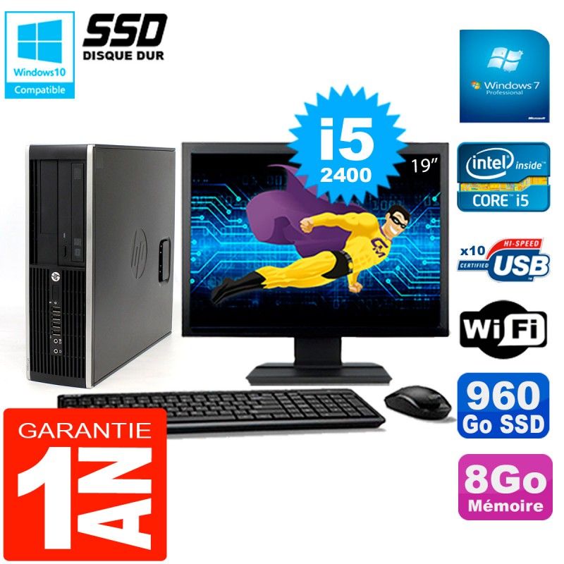 Ordinateur de bureau HP Compaq 8300 SFF - Écran 19'', Processeur Intel Core i5-2400, 8 Go de RAM, SSD 960 Go, WiFi, Windows 7 Professionnel