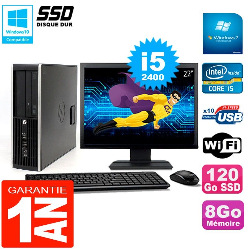 Ordinateur de bureau HP Compaq 8300 SFF - Écran 22'', Processeur Intel Core i5-2400, 8 Go de RAM, SSD 120 Go, WiFi, Windows 7 Pro
