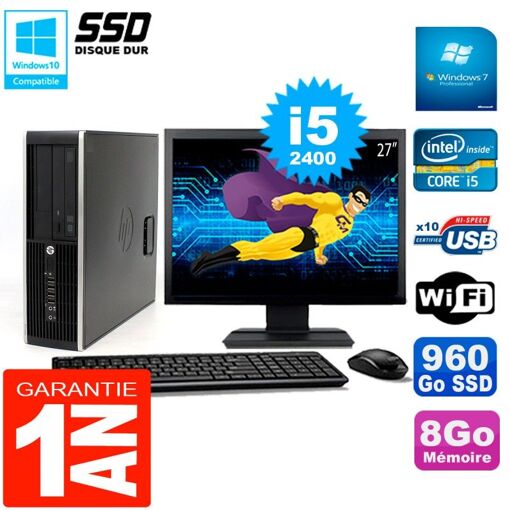 HP Compaq 8300 SFF Desktop Computer - 27" Screen, Core i5-2400, 8GB RAM, 960GB SSD, WiFi, Windows 7 Pro