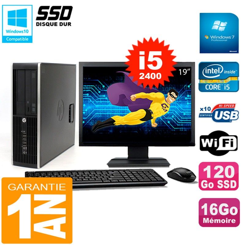 HP Compaq 8300 SFF PC - 19" Screen, Core i5-2400, 16GB RAM, 120GB SSD, WiFi, Windows 7 Pro