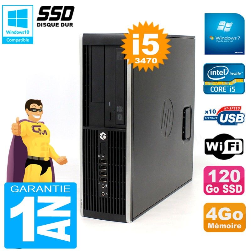 Ordinateur de bureau HP Compaq 8300 SFF - Processeur Intel Core i5, 4 Go de RAM, SSD 120 Go, Lecteur DVD, Wi-Fi, Windows 7 Pro