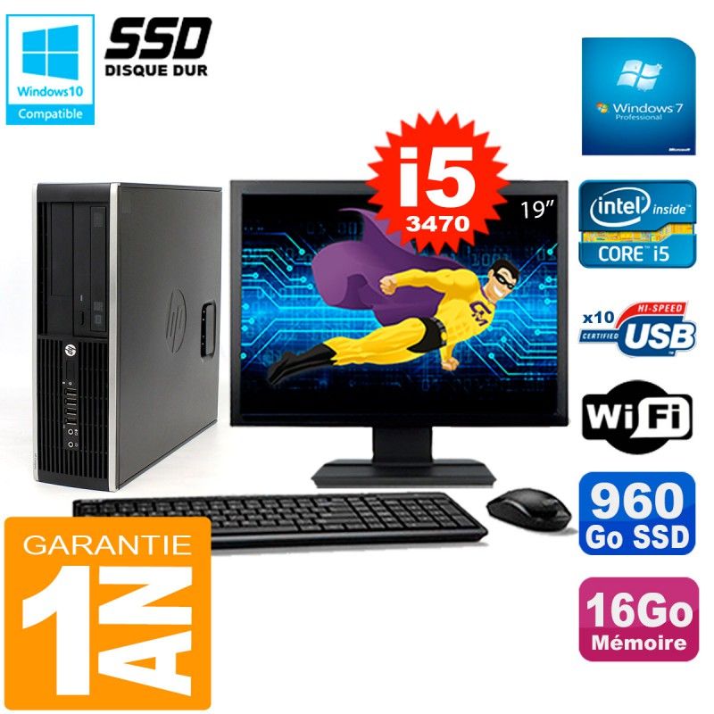 HP Compaq 8300 SFF Desktop PC - 19" Screen, Core i5-3470, 16GB RAM, 960GB SSD, WiFi, Windows 7 Pro
