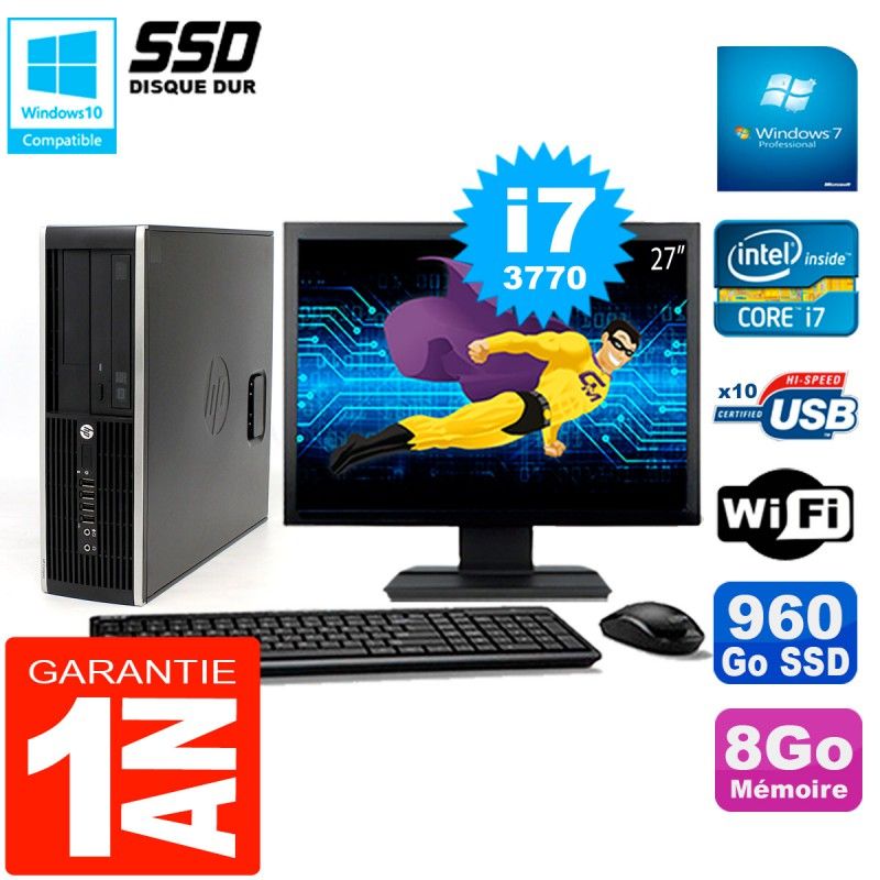 HP Compaq Elite 8300 SFF Desktop PC - 27" Screen, Core i7-3770, 8GB RAM, 960GB SSD, WiFi, Windows 7 Pro