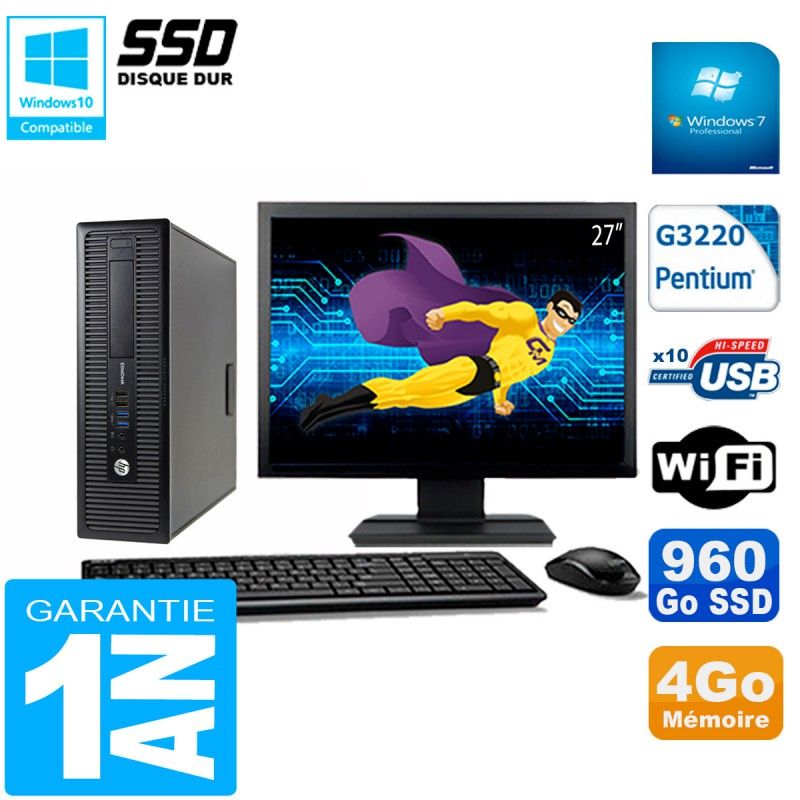 HP EliteDesk 800 G1 SFF Computer | 27" Screen | Intel Pentium G3220 | 4GB RAM | 960GB SSD