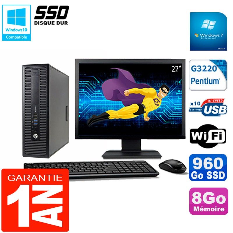 HP EliteDesk 800 G1 SFF Computer | 22" Screen | Intel G3220 | 8GB RAM | 960GB SSD | WiFi | Windows 7 Pro
